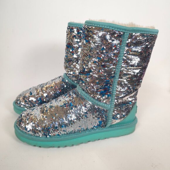 UGG Women’s Classic Short Sparkles Sequin Sheepskin Boots Aqua Blue Size 6 - Picture 12 of 12
